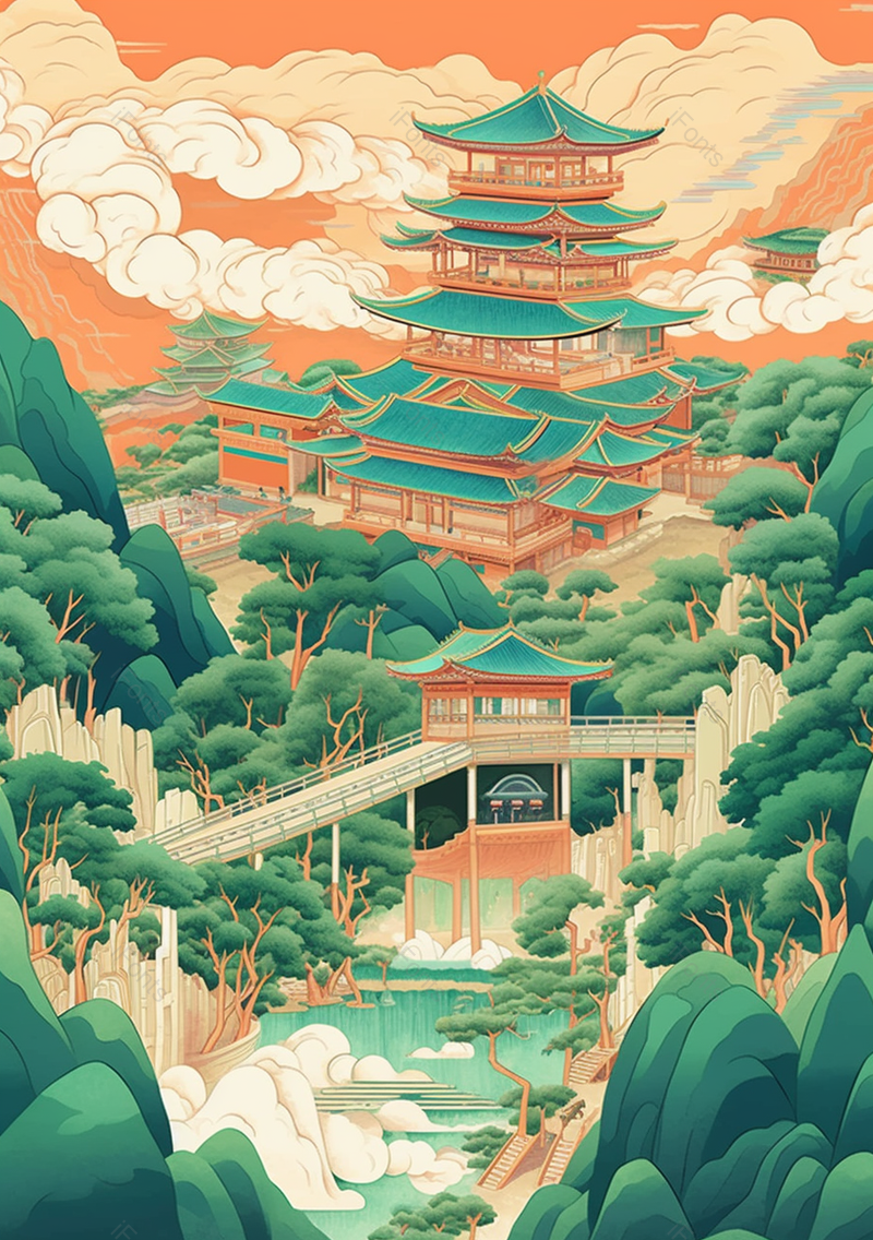 国潮插画古风山脉祥云绿色背景,插画/手绘图,插画/手绘图库,插画/手绘图下载,插画/手绘